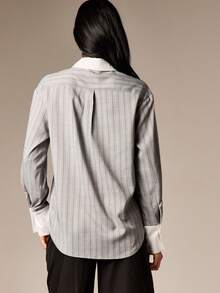 AiiRZ Pinstripe Button Down Blouse With Contrast Collar And Cuffs Office Professional Long Sleeve Shirt - Grey - View 2