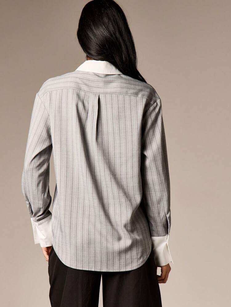 Pinstripe Blouse With Contrast Collar