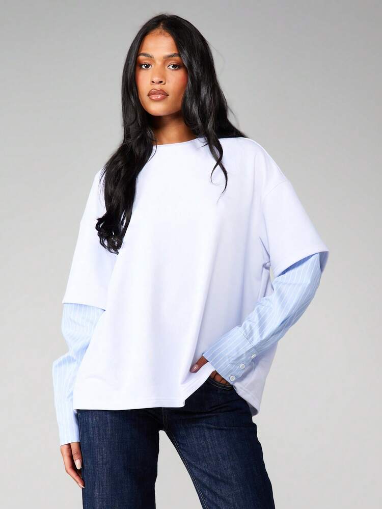 MISSGUIDED Oversized Long Sleeve Layered Tee With Striped Shirt Sleeves For Casual Everyday Wear
