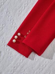 Gaun Remaja Perempuan Bergaya Retro Feminin dengan Kerah Kontras Mutiara dan Hiasan Pita, Lengan Gigot, Pinggang Diikat, dan Hem Mengembang. - Merah - View 5