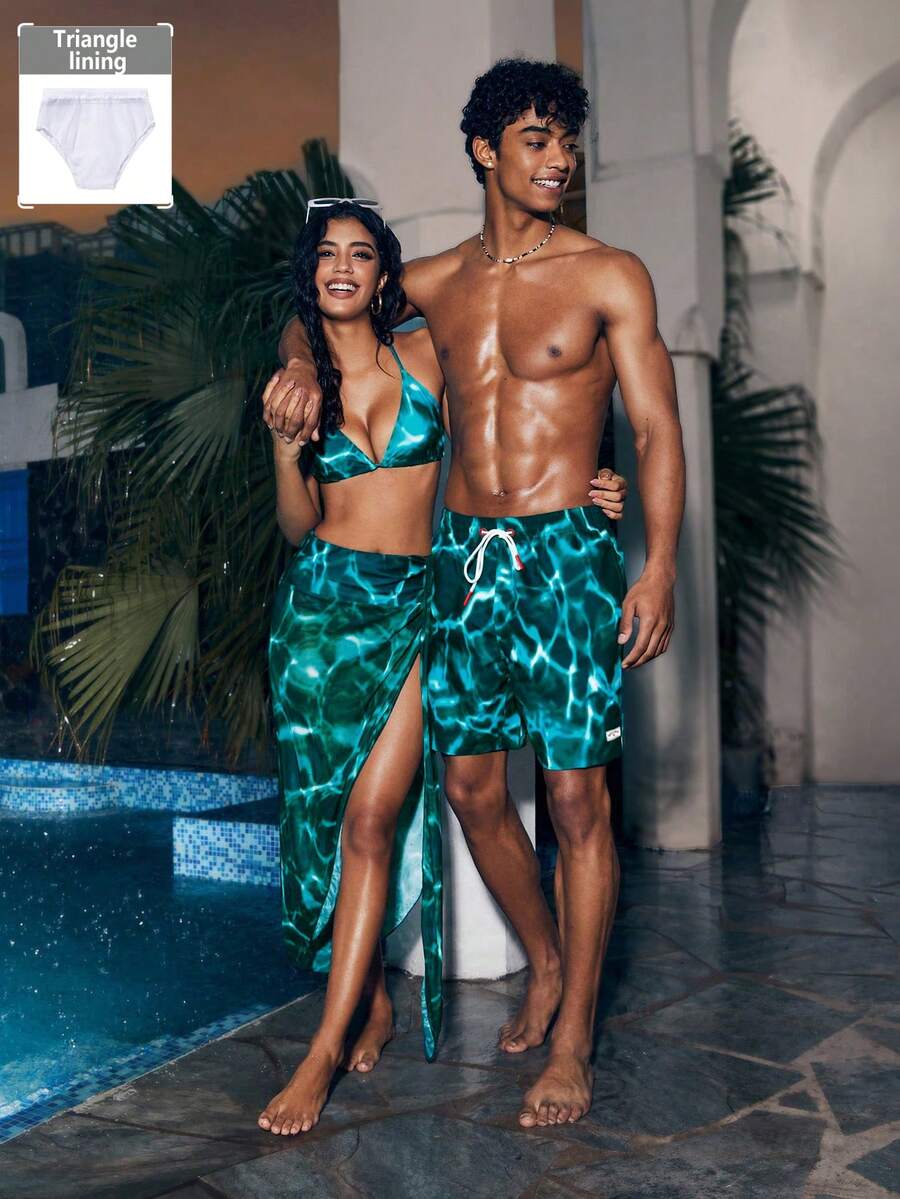 Manfinity VDAYZ 1 件男士时尚休闲宽松海滩度假泳裤情侣款泳装，适合海滩、度假、夏威夷