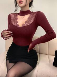 DAZY Women's Contrast Lace Hollow Out Fitted Long Sleeve Sweater, White, Spring/Autumn - Burgundy - View 3