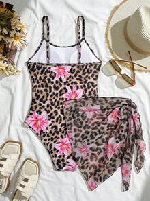 SHEIN 少女豹纹印花吊带连体裤和可调节豹纹印花网纱裙两件套