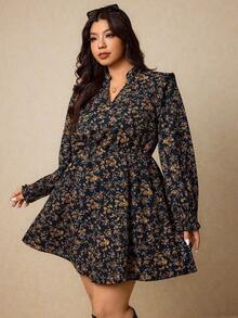 Elaquor Plus Size Women's Ditsy Floral V-Neck Long Sleeve Casual Dress Flower - Black - View 5