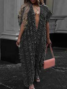 Slaydiva 女士深V领破洞阔腿宽松时尚牛仔连体裤 - 黑色 - 查看 9