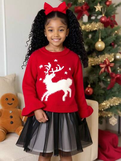 Gestricktes Pulloverkleid mit Mesh-Patchwork, Hirschmuster, süßer Bommel-Dekoration, geeignet für Zuhause, Lässig-Outings, Weihnachten und andere Anlässe