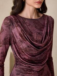 Graceveil Chemise élégante à manches longues pour femmes, col à volants, taille froncée, imprimé rose bordeaux, pour sorties et rendez-vous, automne/hiver - Rouge foncé - Voir 5