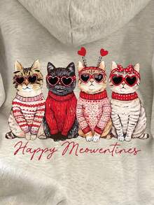 SHEIN 女士标语猫咪印花落肩长袖休闲卫衣，情人节 - 淺灰色 - 查看 6