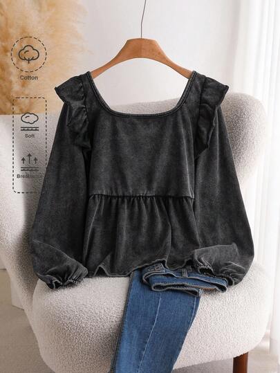 CosyJoli Plus Size Casual Flutter Sleeve Square Collar Bowknot T-Shirt, Versatile Long Sleeve Tee For Everyday Wear,Fall Clothes For Women