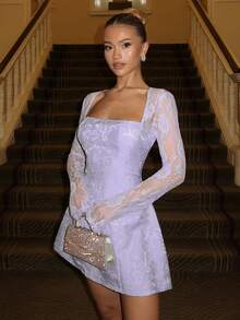 Glamine Charm Elegant Lace Patchwork 3D Embossed Floral Square Neck Long Sleeve A-Line Dress, Black Reception Dress, Black Lace Dress, Rehearsal Dinner Dress, Tulle Bloom, Sweet Style, Satin Grad Dresses, Romantic Dress, Looks Of Party, Elevated Elegance, Elegant In Black, Chic Autumn, Elegant Winter,Black 3D, PartyMustHave Lavender Dress Lilac Dress Elegant Light Purple Dress Periwinkle Dress Baby Blue Elegant Chic Purple Plant Pattern Mini Dress For Women With Tie Back Details And Regular Sleeve Party Style - Purple - View 3