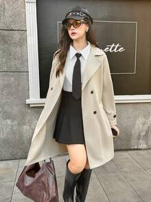 SHEIN 优雅通勤休闲卡其色翻领中长款少女风衣