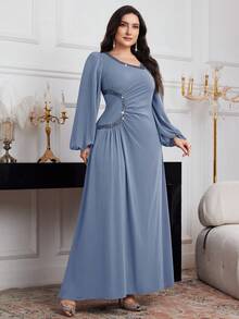 Modelyn Váy dài tay thanh lịch cổ bẻ xếp nếp màu trơn cỡ lớn, dành cho Giáng sinh, Váy đỏ tía cỡ lớn, Váy thanh lịch cỡ lớn, Váy dạ hội dài màu đỏ cỡ lớn - Màu xanh bụi bặm - Xem 4