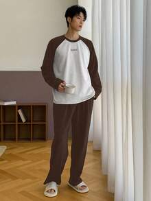 Men's Autumn Patchwork Color Block Graphic Tee And Elastic Waist Pants Loungewear Set, Multi-Color - Brown - View 5