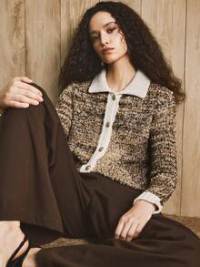 EMERY ROSE Women's Casual Contrast Trim Button Front Knit Cardigan, Autumn/Winter - Coffee Brown - View 1