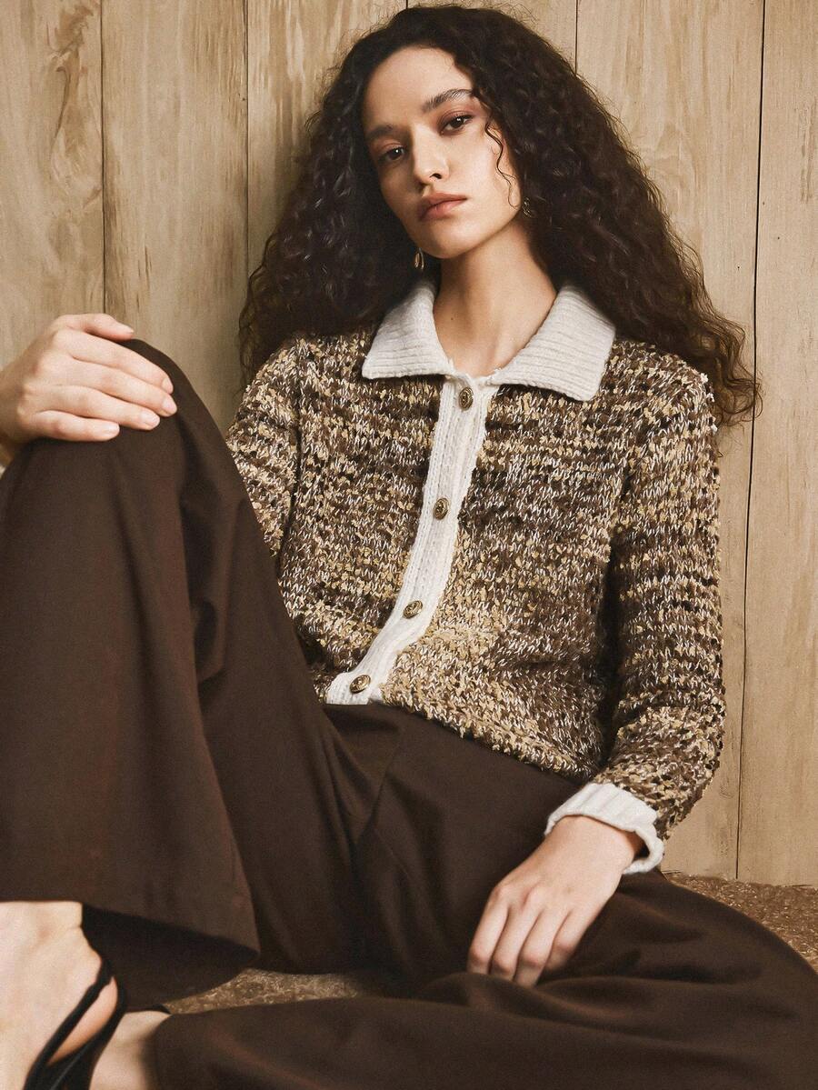 EMERY ROSE Women's Casual Contrast Trim Button Front Knit Cardigan, Autumn/Winter - Coffee Brown - View 1