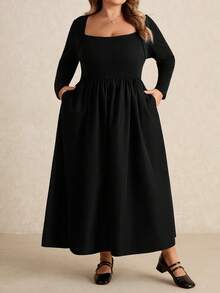 SHEIN CURVE+ Đầm dệt kim cổ vuông đơn giản, đơn giản, dễ mặc, dáng rộng, cỡ lớn, dành cho nữ, dáng dài đến trung bình - màu đen - Xem 6