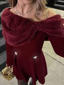 Elyressa Nouvelle robe de soirée à manches longues, épaules dénudées, taille en velours et évasée, en patchwork moelleux