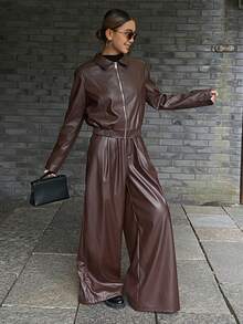 DAZY Women's Autumn/Winter Lapel Cardigan With Elastic Waist PU Leather Jacket And Straight-Leg Leather Pants, Elegant Urban Casual 2 Pieces Set - Brown - View 4