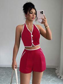 Selianne Nuevo conjunto de verano de 2 piezas para mujer con top corto con espalda descubierta y lazada, y shorts con bolsillos en contraste - Burdeos - Ver 4