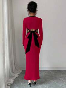 Elenzga Long Sleeve Fitted Round Neck Twist Back Dress For Women - Red - View 2