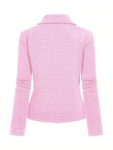 GlowEve 翻领纹理面料拉链休闲机车夹克 - 粉色 - 查看 2