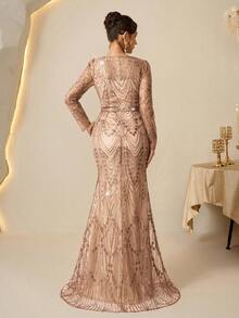 Coutiva Elegant Gorgeous Sequin Embroidery Long Sleeve Champagne Faux Pearl Rhinestone Design Autumn And Winter Dress Design Daily Wear, Party Dress, Dinner Dress, Wedding Guest Dress Luxury Evening Gown, Sequin And Pearl Cuff Design, Elegant Party Dress For Ladies, Long Sleeve Formal Dress, For Wedding Guest, Graduation, Valentine's Day - Champagne - View 3