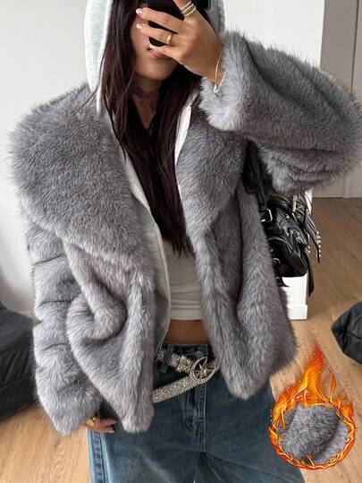 Coolane 女士和男士冬季街头服饰狂欢休闲复古老钱毛皮法兰绒保暖/寒冷天气/保暖法国灰色超大翻领长袖蓬松外套