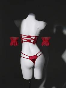 3件套圣诞蕾丝钢圈内衣套装 - 酒紅色 - 查看 4