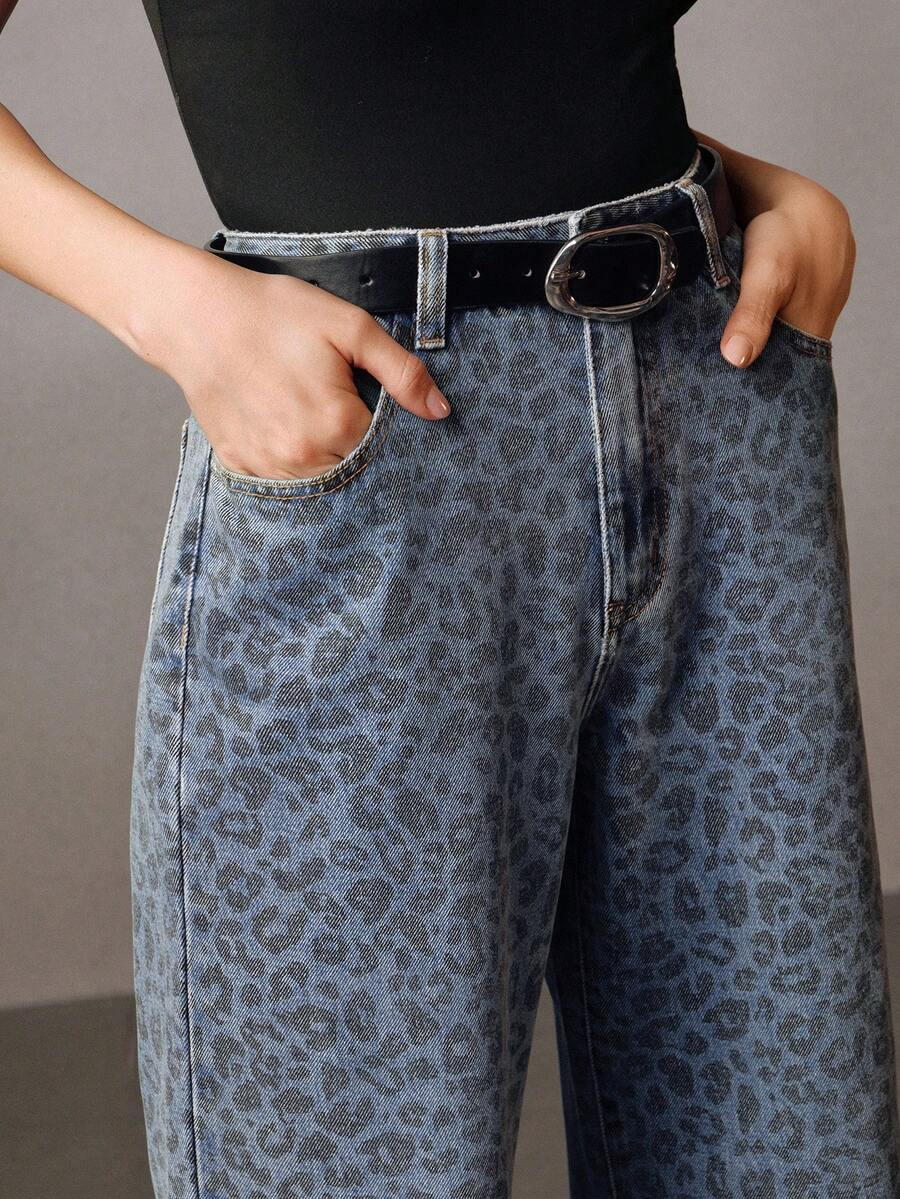 Anewsta 女士豹纹口袋阔腿宽松休闲牛仔裤 - 彩色 - 查看 1