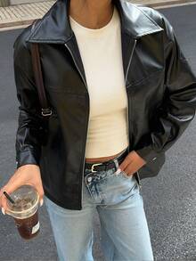 Flirla Drop Shoulder Zip Up PU Leather Coat Fall Winter Cloth For Women - Black - View 1