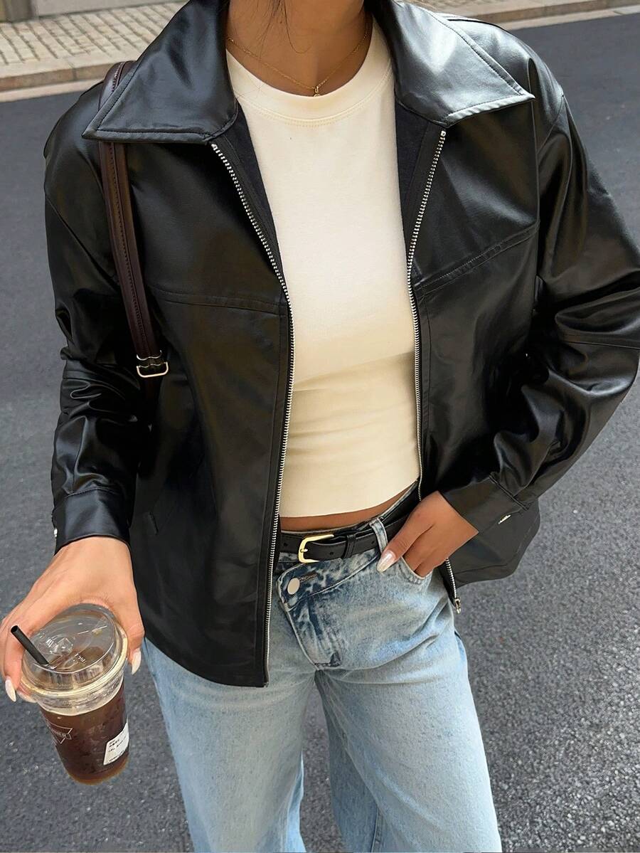 Flirla Drop Shoulder Zip Up PU Leather Coat Fall Winter Cloth For Women - Black - View 1