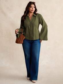 Elaquor Plus Size Women's Fashionable Elegant Lace Trim Button Down Long Sleeve Shirt Green - Army Green - View 3