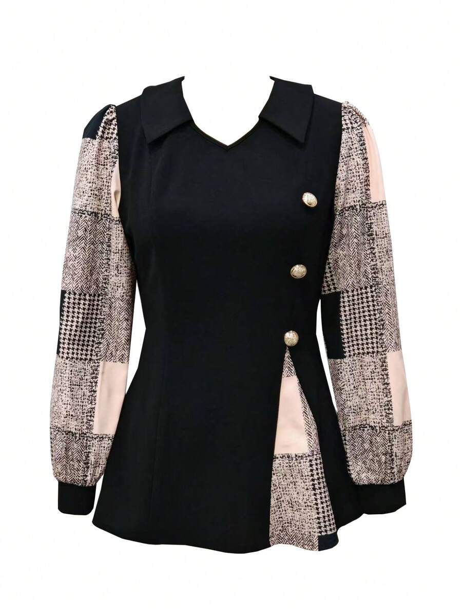 SHEIN 女士纯色纽扣拼接 V 领长袖休闲衬衫