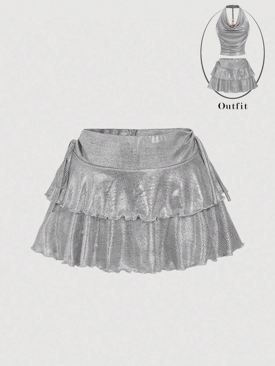 SHEIN MOD Women's Metallic Foil Accent Double Layered Hem Low Waist Skirt - Silver - View 1