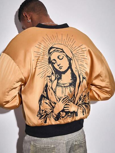 Street Life Veste d'hiver à col de baseball zippée avec graphique de Vierge Marie en couleurs vives pour hommes