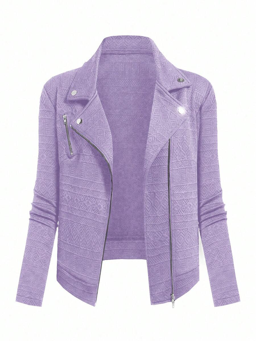 GlowEve 纹理面料拉链休闲摩托车夹克，翻领设计 - 紫色 - 查看 1