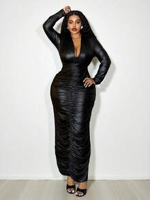 Slaydiva Autumn/Winter New Arrival Y2K Vintage Elegant Refined Basic Daily Cocktail Party Holiday Commute Plus Size Luxurious Party Solid Color Bodycon Deep V-Neck Ruched PU Maxi Dress For Women - Black - Black - View 14