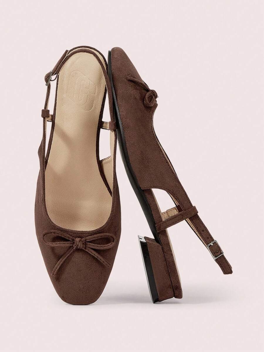 CUCCOO DOLLMOD 女士时尚咖啡棕色蝴蝶结装饰玛丽珍平底鞋,方头低跟休闲鞋,适合通勤、约会、派对、购物、上学、可爱甜美 - 咖啡棕 - 查看 1