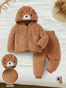 LMoss Kids LMoss 女婴 3D 耳朵设计连帽泰迪熊外套和裤子套装，毛绒面料，保暖舒适，适合秋冬季节穿着，婴儿泰迪熊套装，秋冬季婴儿套装，婴儿熊外套 - 卡其色 - 查看 7