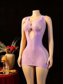 ChaseTheNight 1 件女士时尚镂空弹力紧身网眼性感内衣连衣裙，夏季 - 紫色 - 查看 5