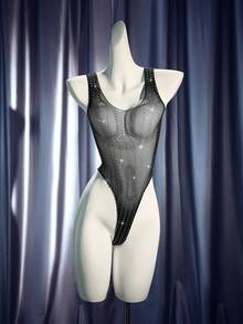 Bộ đồ liền thân lưới lưới đính đá đen Midnight Glam gợi cảm, thích hợp cho tiệc đêm - màu đen - Xem 3