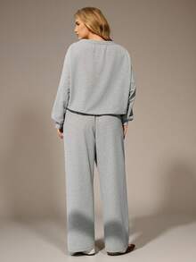 Auralis Ensemble Sweat-shirt-shirt décontracté et pantalon droit à taille cordée, coupe ample, épaule asymétrique, manches longues, Sweat-shirt-shirt et pantalon, ensembles coordonnés printemps/automne pour femmes, ensembles de détente femme 2 pièces, tenue de détente femme, ensemble confortable/costume de sport style collège avec poche brodée/Sweat-shirt-shirt deux pièces/vêtements décontractés automne et hiver à manches longues/Sweat-shirt-shirt style collège et pantalon droit - Gris - Voir 3