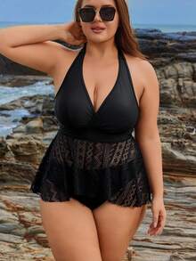 Swim Lushoire Bikini tam giác cổ chữ V 2 mảnh cỡ lớn cho nữ - màu đen - Xem 6