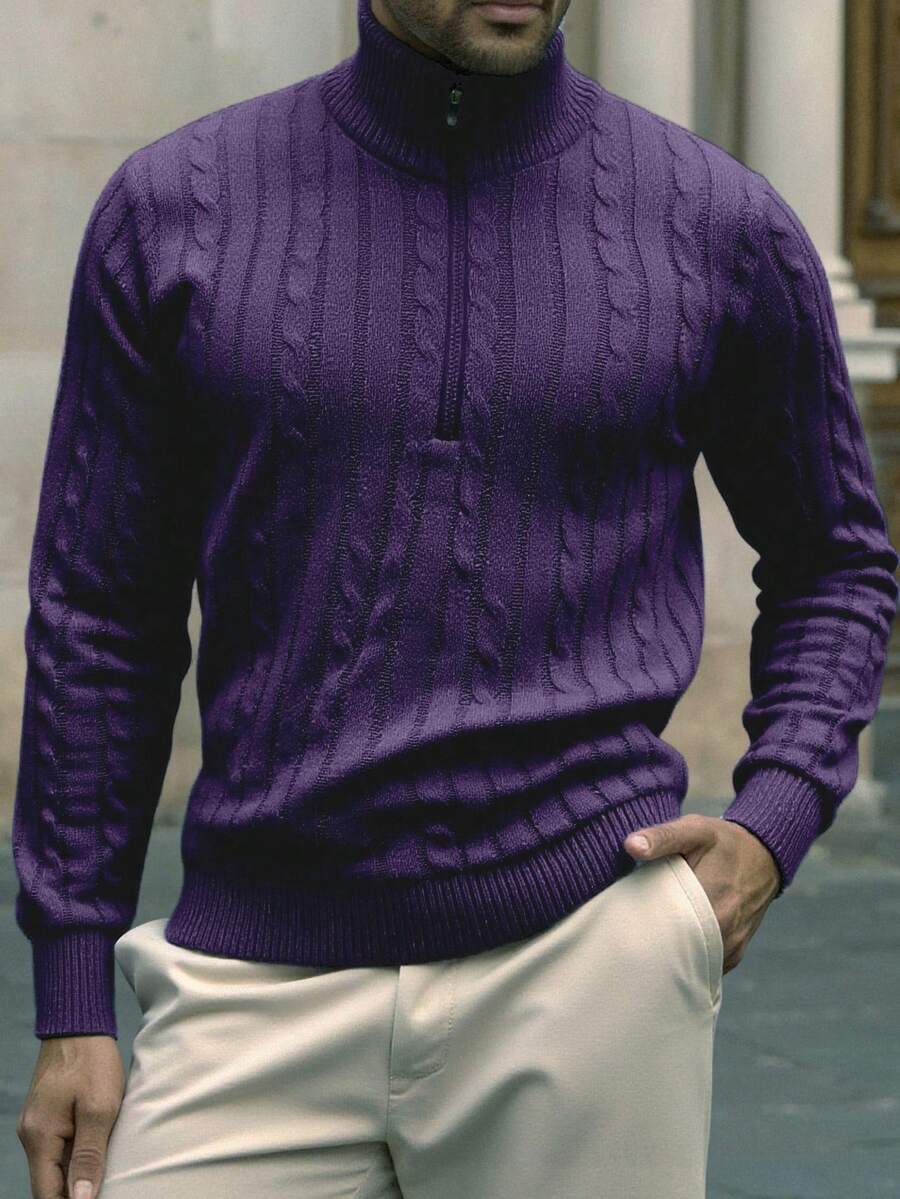 Manfinity Homme Men's Zipper Design Long Sleeve Cable Pattern Casual Sweater, Autumn/Winter Purple Sweater Men Purple Turtleneck For Men - Lilac Purple - View 1