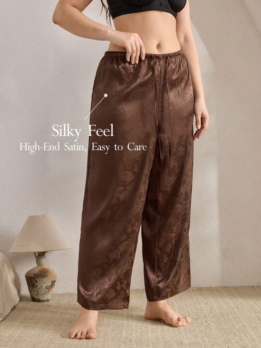 Ocili 大码缎面提花简约舒适飘逸缎面睡裤，时尚秋季休闲舒适冬季 - 卡其色 - 查看 1
