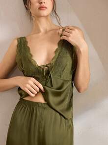Ocili 2pcs Bohemian Style Lace Trim Camisole & Pants Sleepwear Set, Comfortable Women Pajamas - Dark Green - View 2