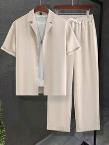 Manfinity Homme Loose-Fit Men Solid Color Lapel Neck Shirt And Pants Set - Apricot - View 4