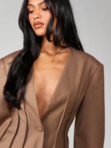 MISSGUIDED Áo khoác blazer nữ có chi tiết xếp ly cài nút phía trước, trang phục công sở chính thức mùa thu đông - màu nâu - Xem 5