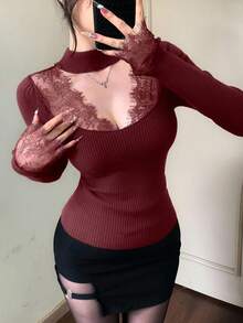 DAZY Women's Contrast Lace Hollow Out Fitted Long Sleeve Sweater, White, Spring/Autumn - Burgundy - View 5