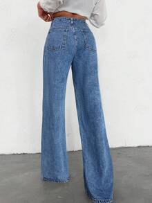 ZIRRA 女士高腰带口袋阔腿休闲百搭牛仔裤 - 中等水洗藍 - 查看 2